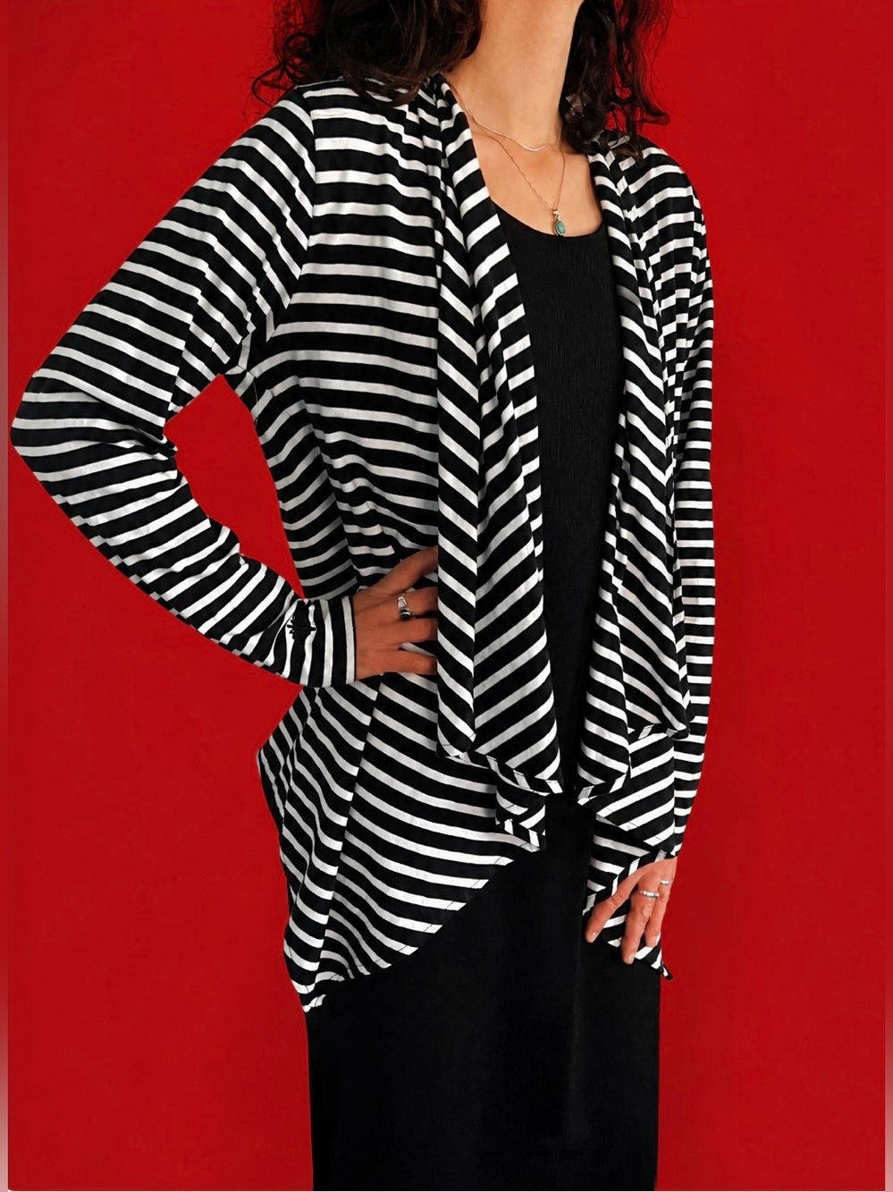 Black White Striped Cardigan • Draped Shawl Collar• Chic Casual to Semi-Formal